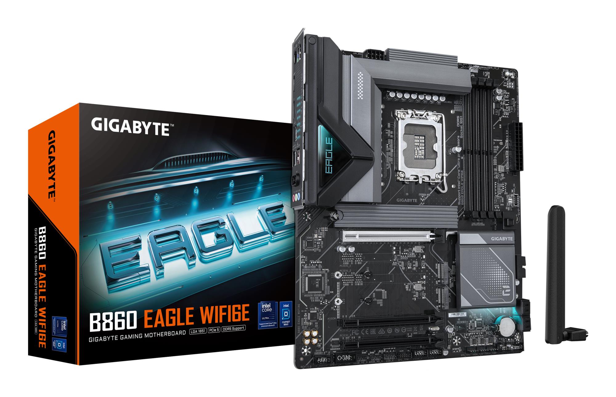Mainboard|GIGABYTE|Intel B860 Express|LGA1851|ATX|Memory DDR5|Memory slots 4|3xPCI-Express 16x|3xM.2|1xHDMI|1xDisplayPort|1xAudio-In|1xAudio-Out|1xMicrophone|4xUSB 2.0|1xUSB 3.2|1xUSB-C|1xPS/2|1xRJ45|B860EAGLEWIFI6E1.0