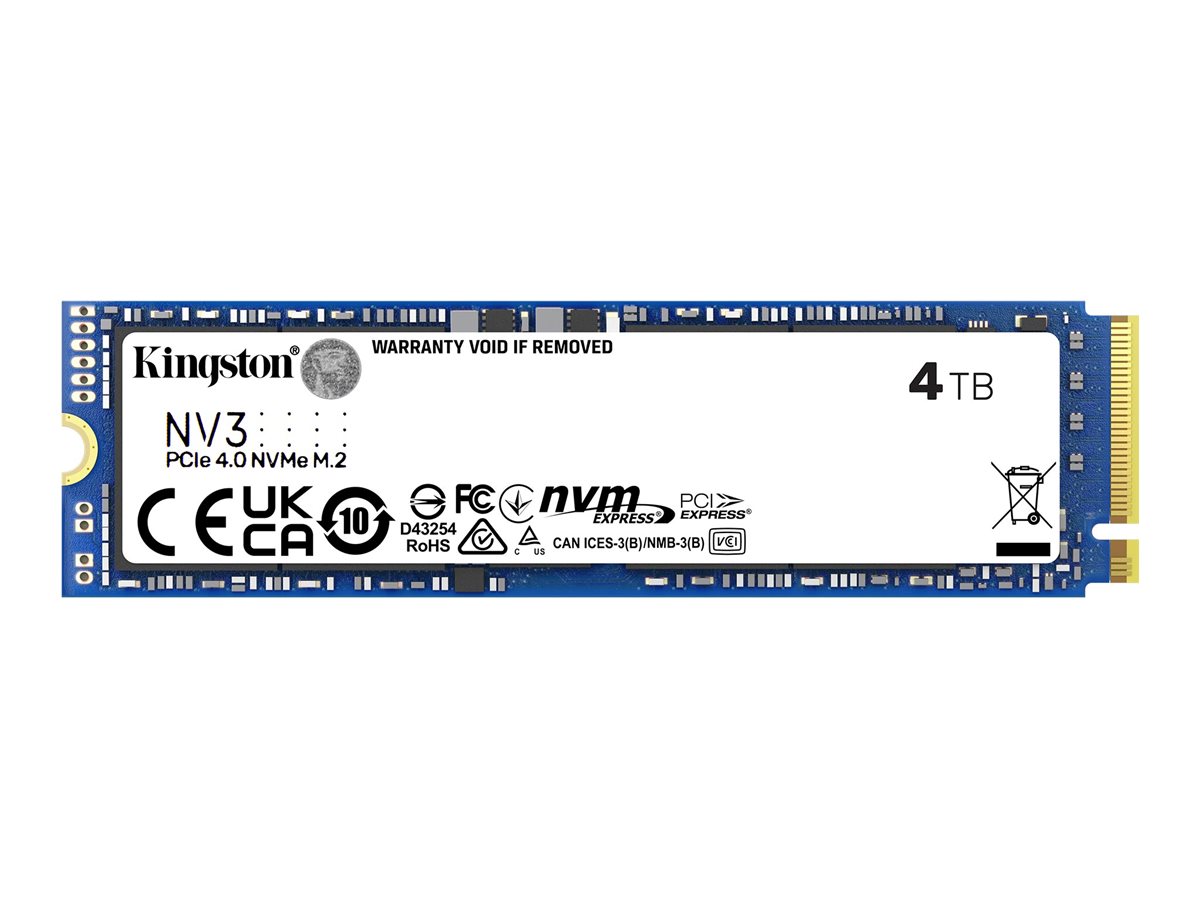 Kingston SSD - NV3 - 4000 GB - SSD form factor M.2 2280 - Solid-state drive interface PCIe 4.0 x4 NVMe - Read speed 6000 MB/s - Write speed 5000 MB/s