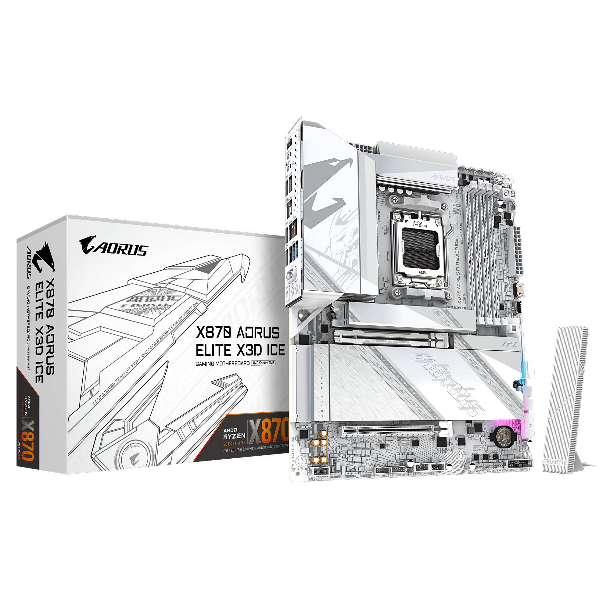 Gigabyte X870 AORUS ELITE X3D ICE - Processor family AMD - Processor socket AM5 - DDR5 - Supported hard disk drive interfaces SATA, M.2 - Number of SATA connectors 4
