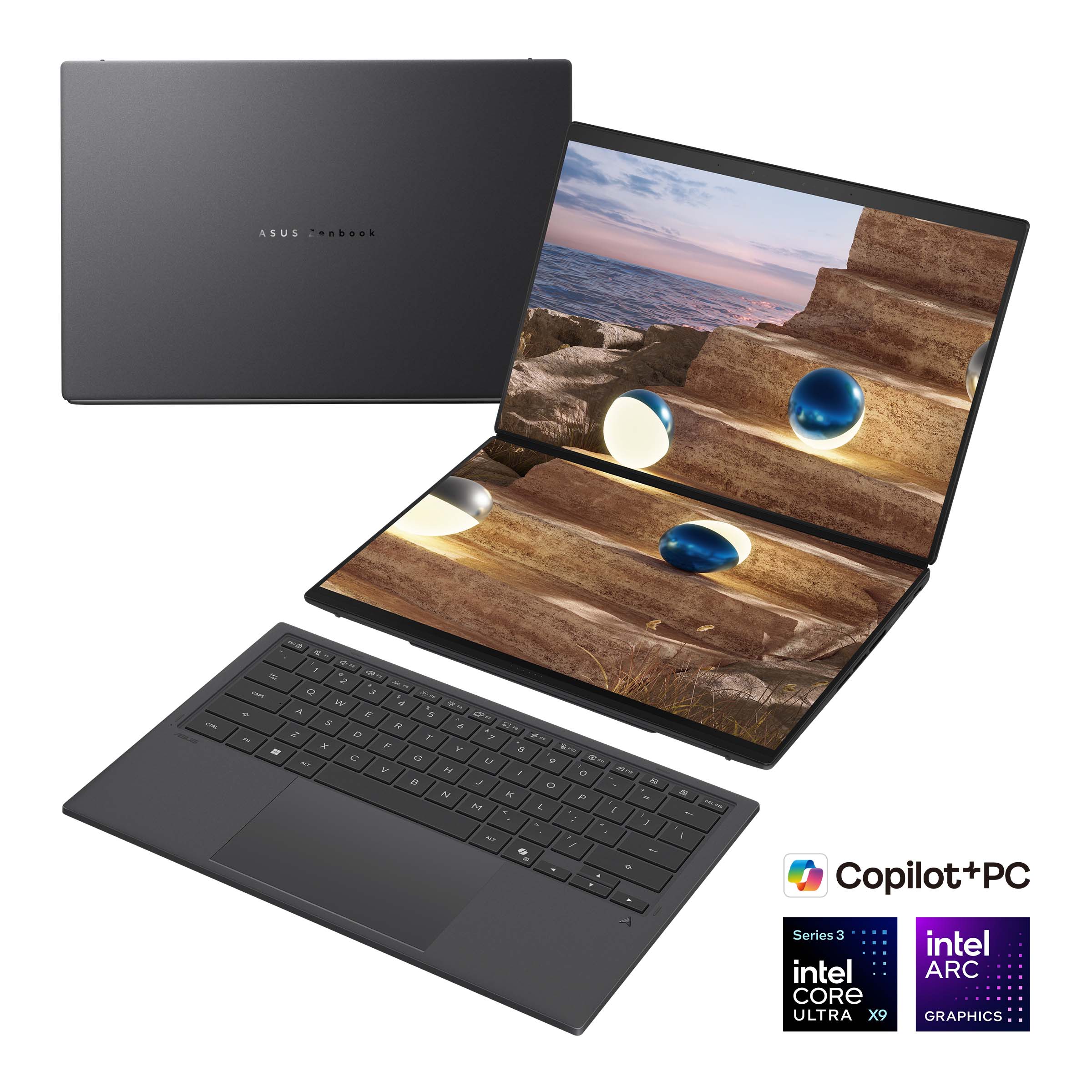 Asus - Zenbook Duo UX8407AA-SN066W - Moher Gray - 14 " - OLED - Touchscreen - 2.8K - 2880 x 1800 pixels - 144 Hz - Anti-Reflective - Intel Core Ultra X9 - 378H - 32 GB - LPDDR5X - Solid-state drive capacity 2000 GB - Intel Arc Graphics - Windows 11 Pro - 