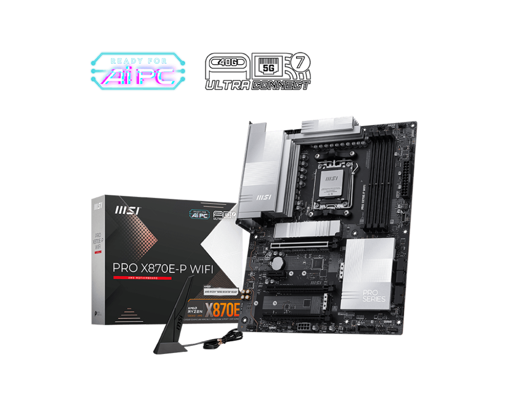 MSI PRO X870E-P WIFI - Processor family AMD - Processor socket AM5 - DDR5 UDIMM - Supported hard disk drive interfaces SATA, M.2 - Number of SATA connectors 4