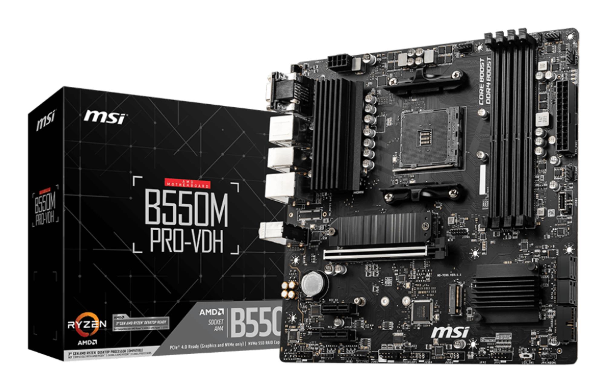 Mainboard|MSI|AMD B550|SAM4|MicroATX|Memory DDR4|Memory slots 4|2xPCI-Express 3.0 1x|1xPCI-Express 4.0 16x|2xM.2|1x15pin D-sub|1xHDMI|1xDisplayPort|2xAudio-In|1xAudio-Out|2xUSB 2.0|4xUSB 3.2|1xPS/2|1xRJ45|B550MPRO-VDH