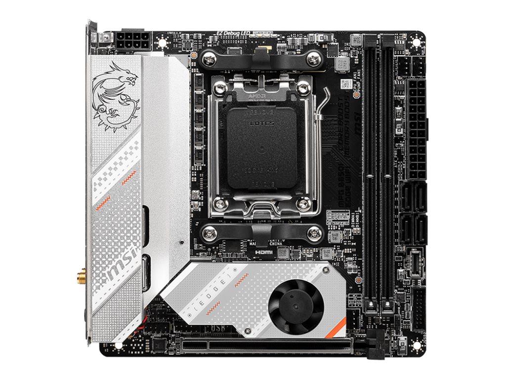MSI - MPG B650I EDGE WIFI - Processor family AMD - Processor socket AM5 - DDR5 DIMM - Memory slots 2 - Supported hard disk drive interfaces 	SATA, M.2 - Number of SATA connectors 4 - Chipset AMD B650 - Mini-ITX
