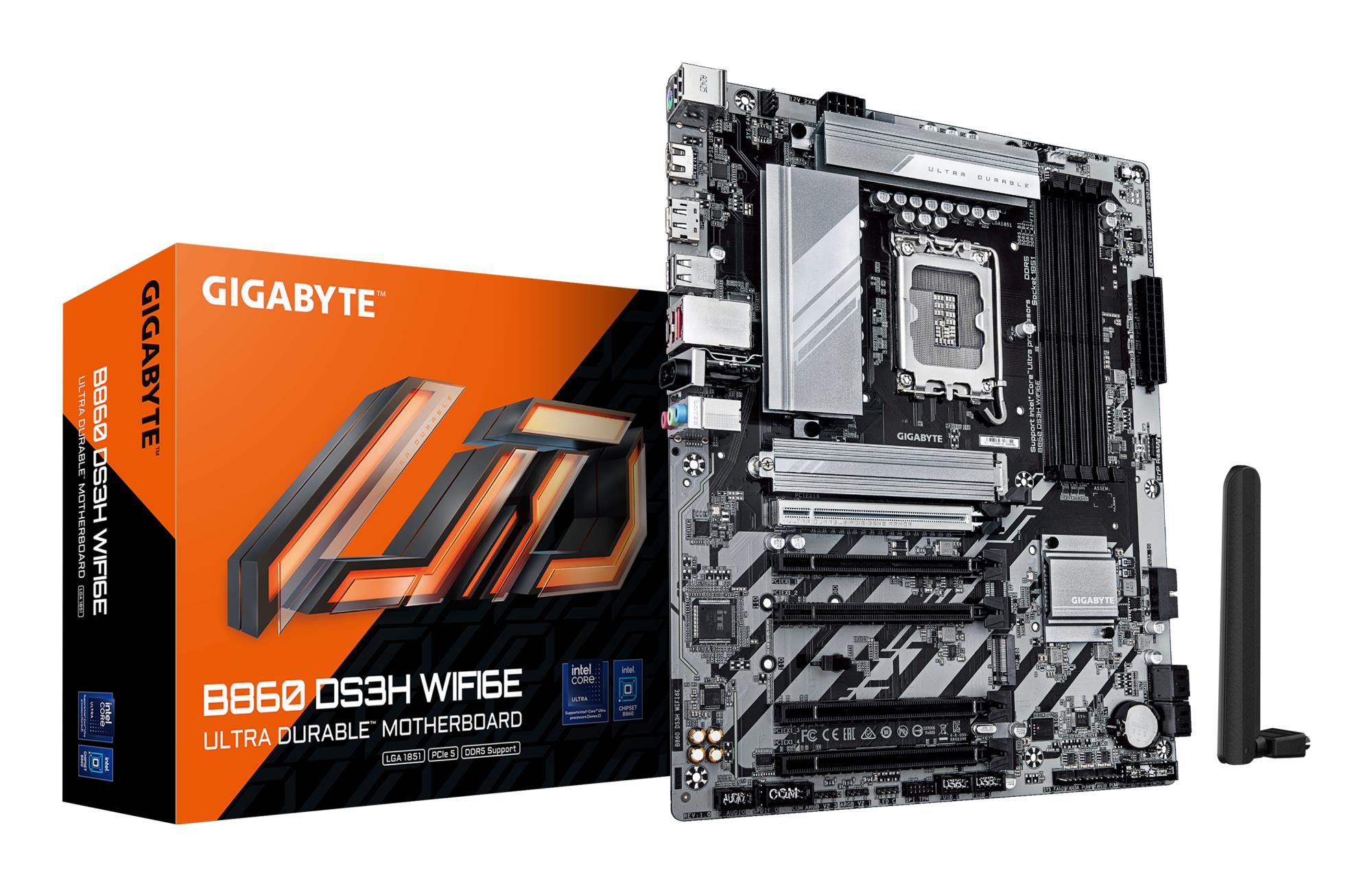 Mainboard|GIGABYTE|Intel B860 Express|LGA1851|ATX|Memory DDR5|5xPCI-Express 16x|2xM.2|1xHDMI|1xDisplayPort|1xAudio-In|1xAudio-Out|1xMicrophone|1xUSB 2.0|1xUSB 3.2|1xUSB-C|1xPS/2|1xRJ45|B860DS3HWIFI6E1.0