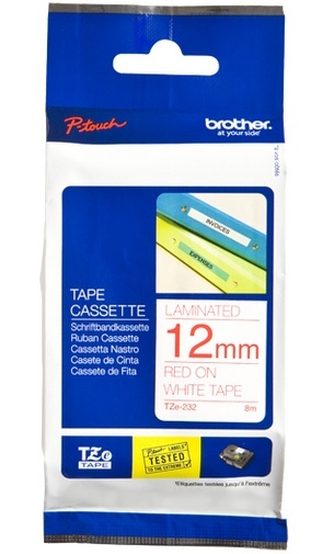 Brother - TZe-232 Laminated Tape - Red on White - TZe - 8 m - 1.2 cm