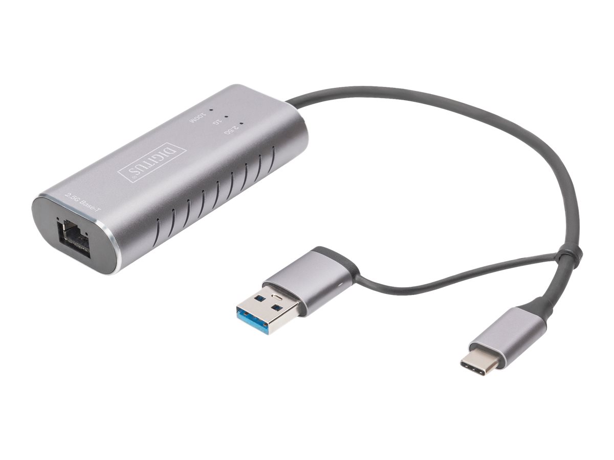 Digitus - USB Type-C Gigabit Ethernet Adapter 2.5G, USB-C + USB A (USB3.1/3.0) - DN-3028 - USB3.0/USB C 3.1 to 2.5G Ethernet Adapter