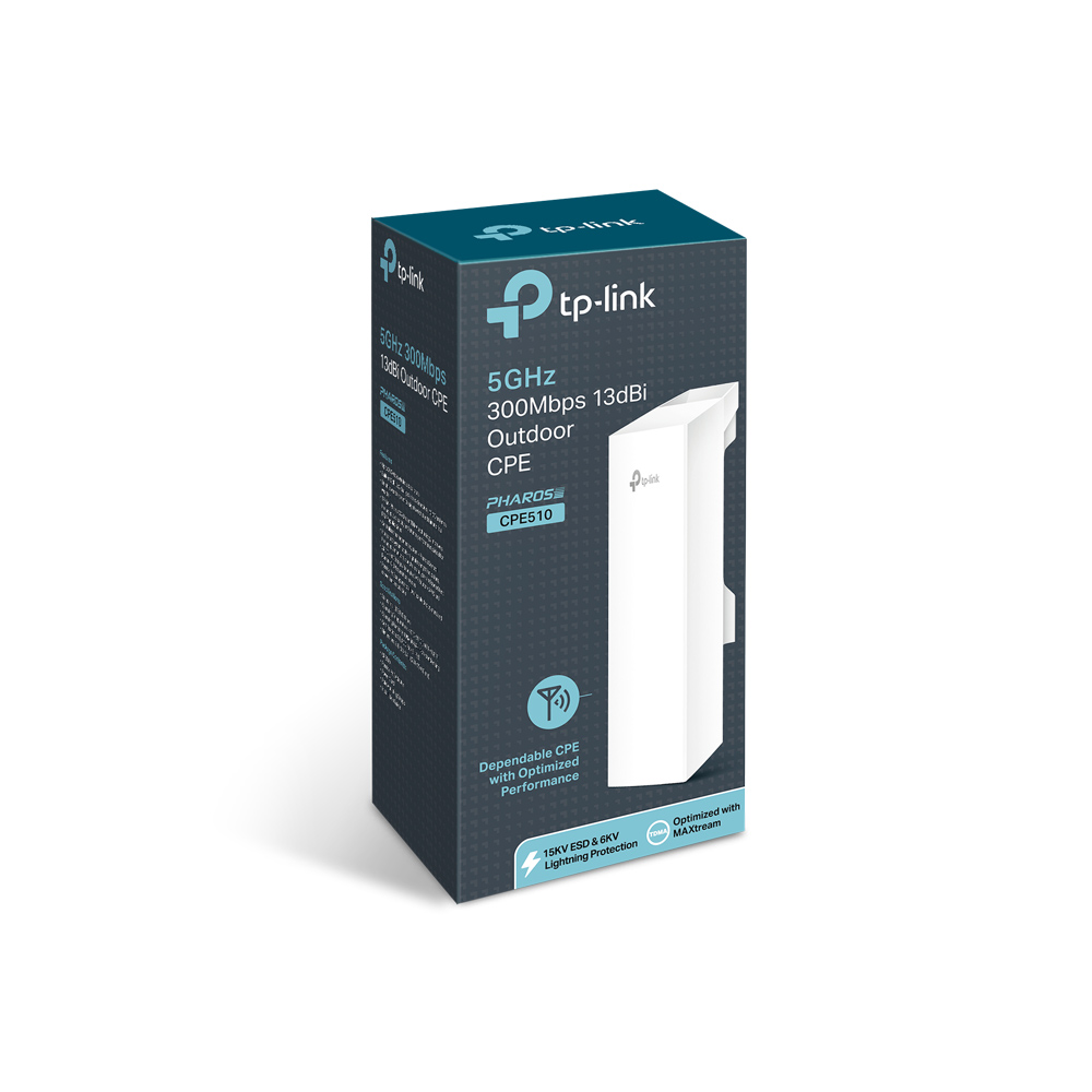 TP-LINK - 5GHz 300Mbps 13dBi Outdoor CPE - CPE510 - 802.11n - 300 Mbit/s - 10/100 Mbit/s - Ethernet LAN (RJ-45) ports 1 - Mesh Support No - MU-MiMO Yes - No mobile broadband - Antenna type 1xInternal