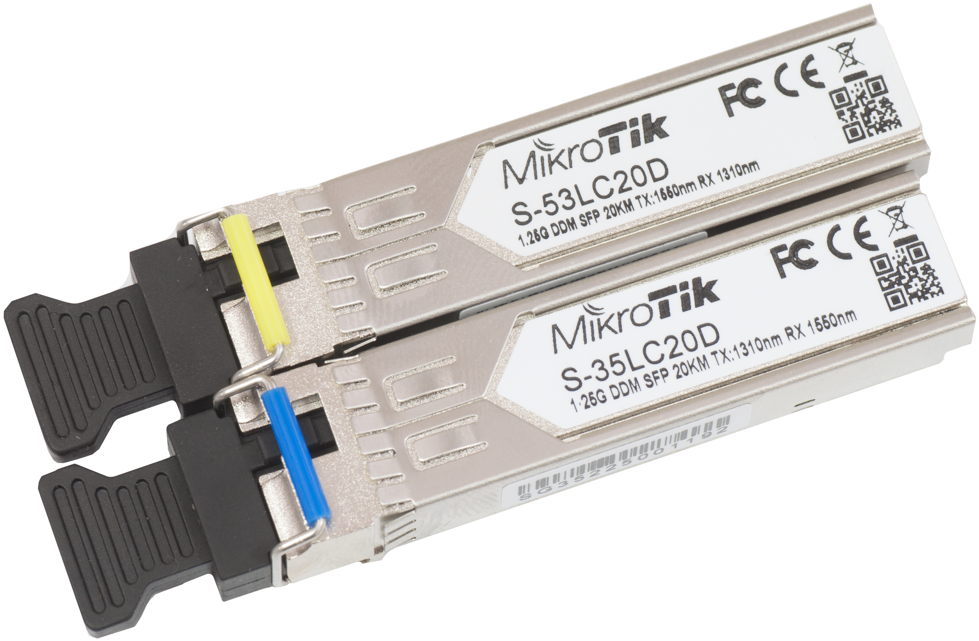 MikroTik Pair of SFP modules S-3553LC20D (S-35LC20D 1.25G SM 20km T1310nm/R1550nm + S-53LC20D 1.25G SM 20km T1550nm/R1310nm) - MikroTik - Maximum transfer distance 20000 m