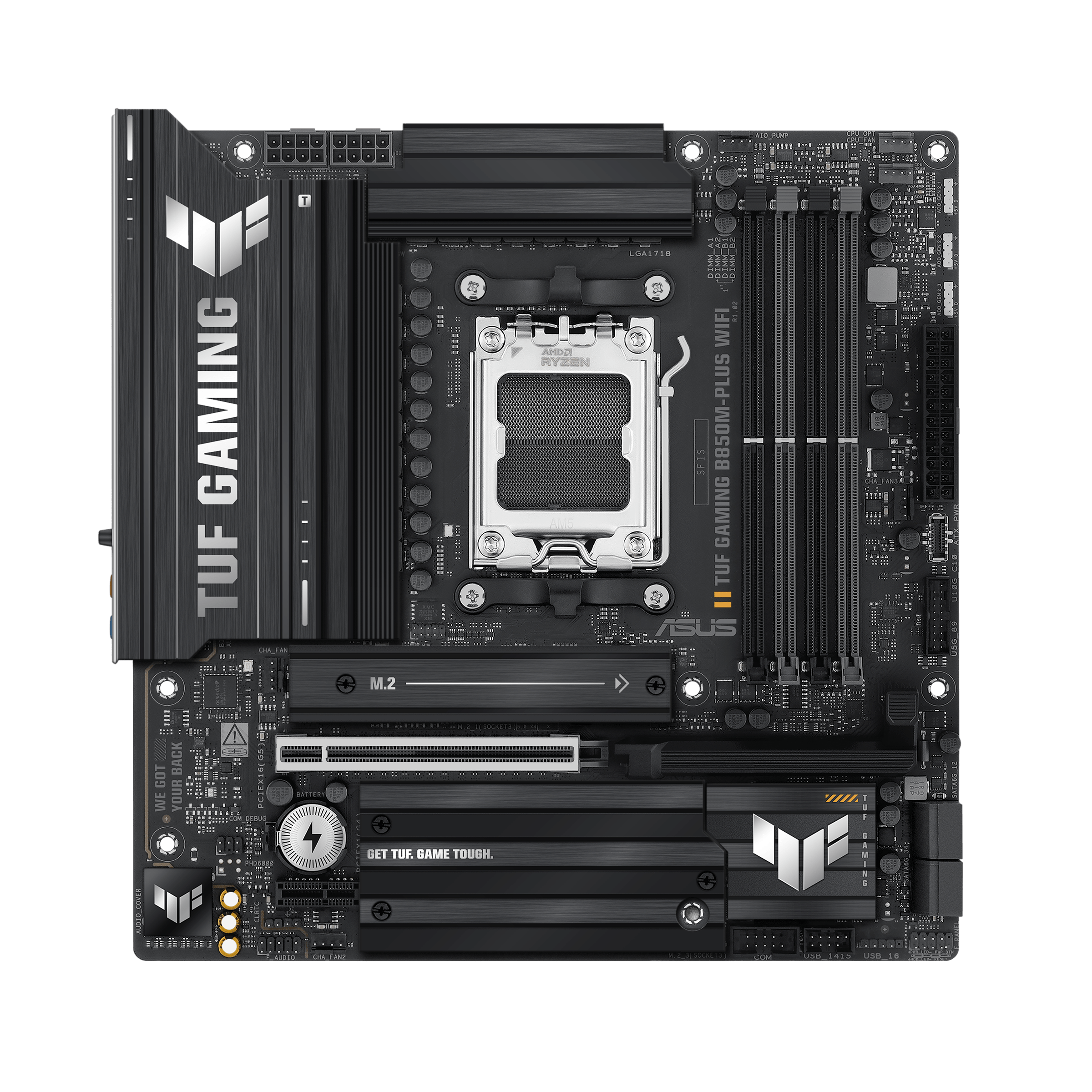 Asus TUF GAMING B850M-PLUS WIFI - Processor family AMD - Processor socket AM5 - DDR5 - Supported hard disk drive interfaces M.2, SATA - Number of SATA connectors 4