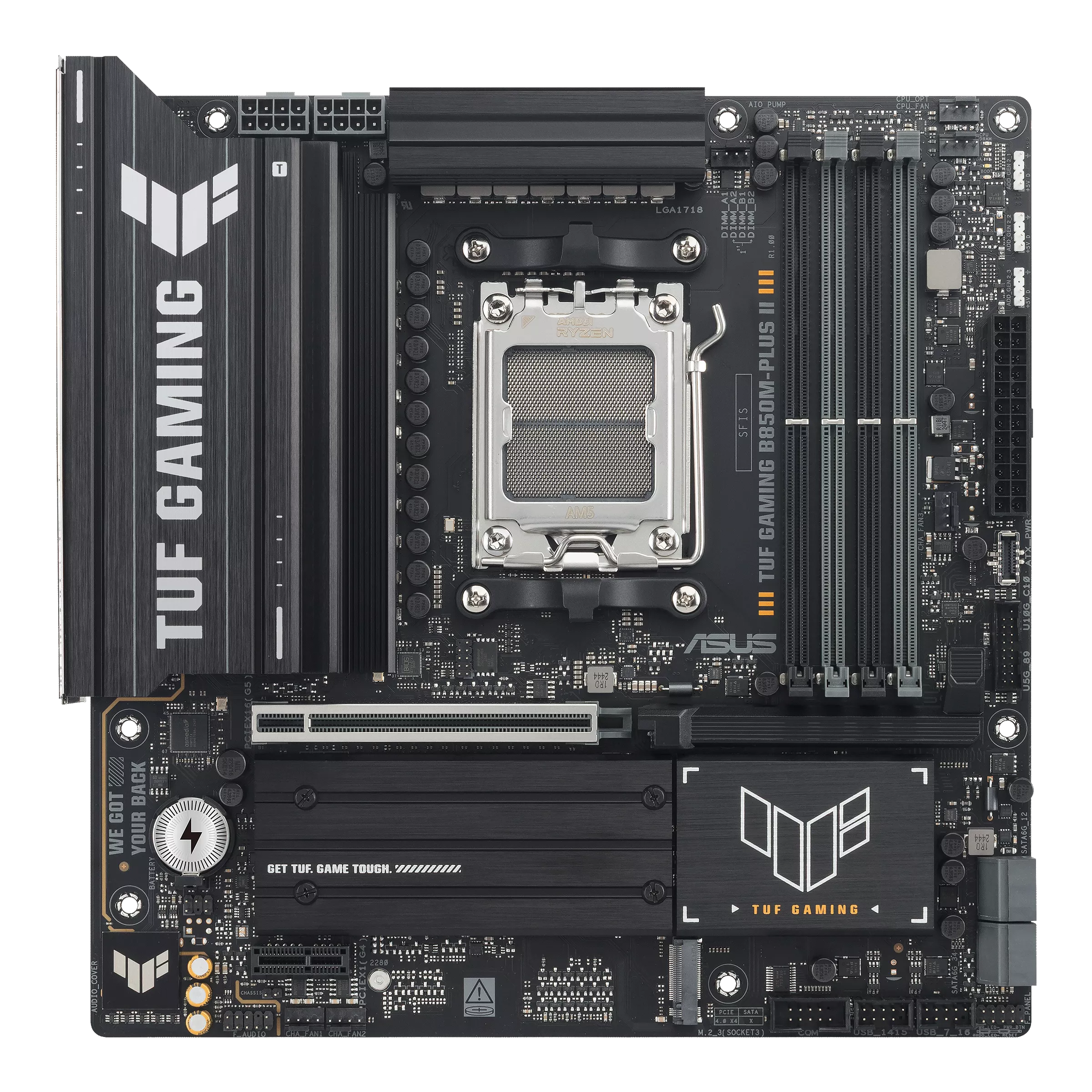 Asus TUF GAMING B850M-PLUS II - Processor family AMD - Processor socket AM5 - DDR5 - Supported hard disk drive interfaces SATA, M.2 - Number of SATA connectors 4