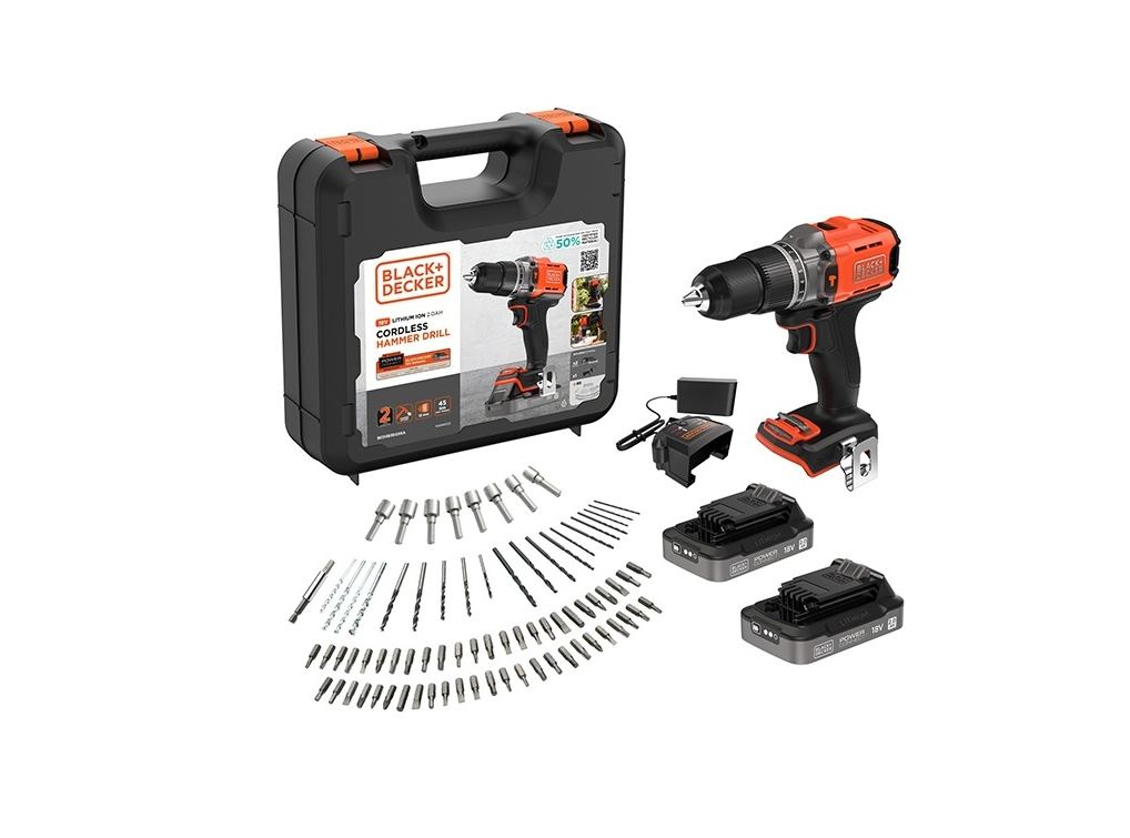 BLACK & DECKER 18V Impact Drill (with 2 x 18V 2.0Ah batteries with charge status indicator, 1A charger and 80 accessories) - BCD383D2XKA-QW - 2.0 Ah