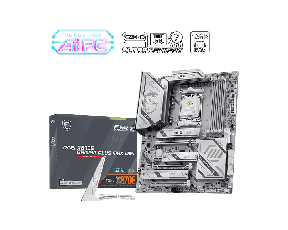 MSI MAG X870E GAMING PLUS MAX WIFI - Processor family AMD - Processor socket AM5 - DDR5 - Supported hard disk drive interfaces SATA, M.2 - Number of SATA connectors 4