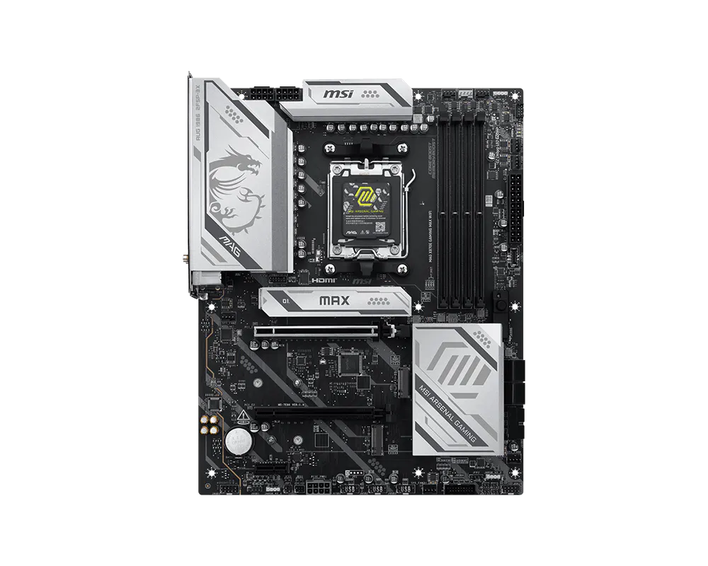 MSI MAG X870E GAMING MAX WIFI - Processor family AMD - Processor socket AM5 - DDR5 - Supported hard disk drive interfaces SATA, M.2 - Number of SATA connectors 4
