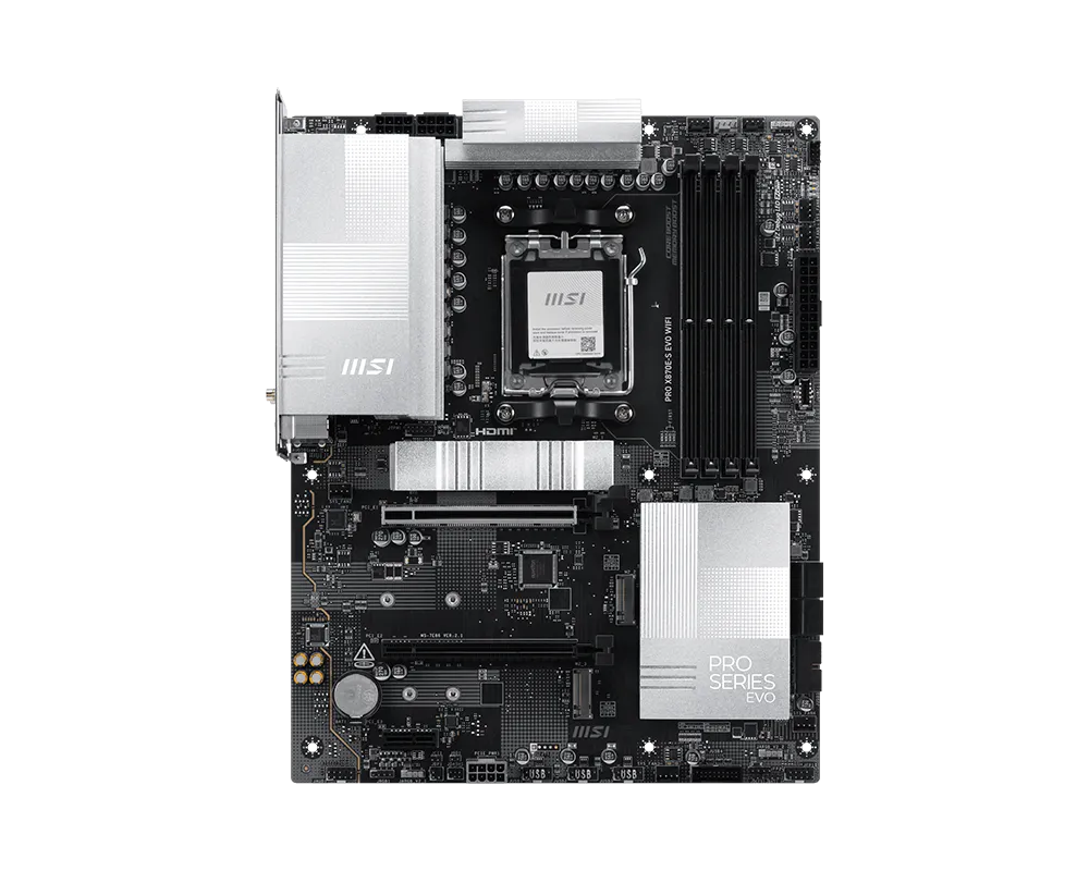 MSI PRO X870E-S EVO WIFI - Processor family AMD - Processor socket AM5 - DDR5 - Supported hard disk drive interfaces SATA, M.2 - Number of SATA connectors 4
