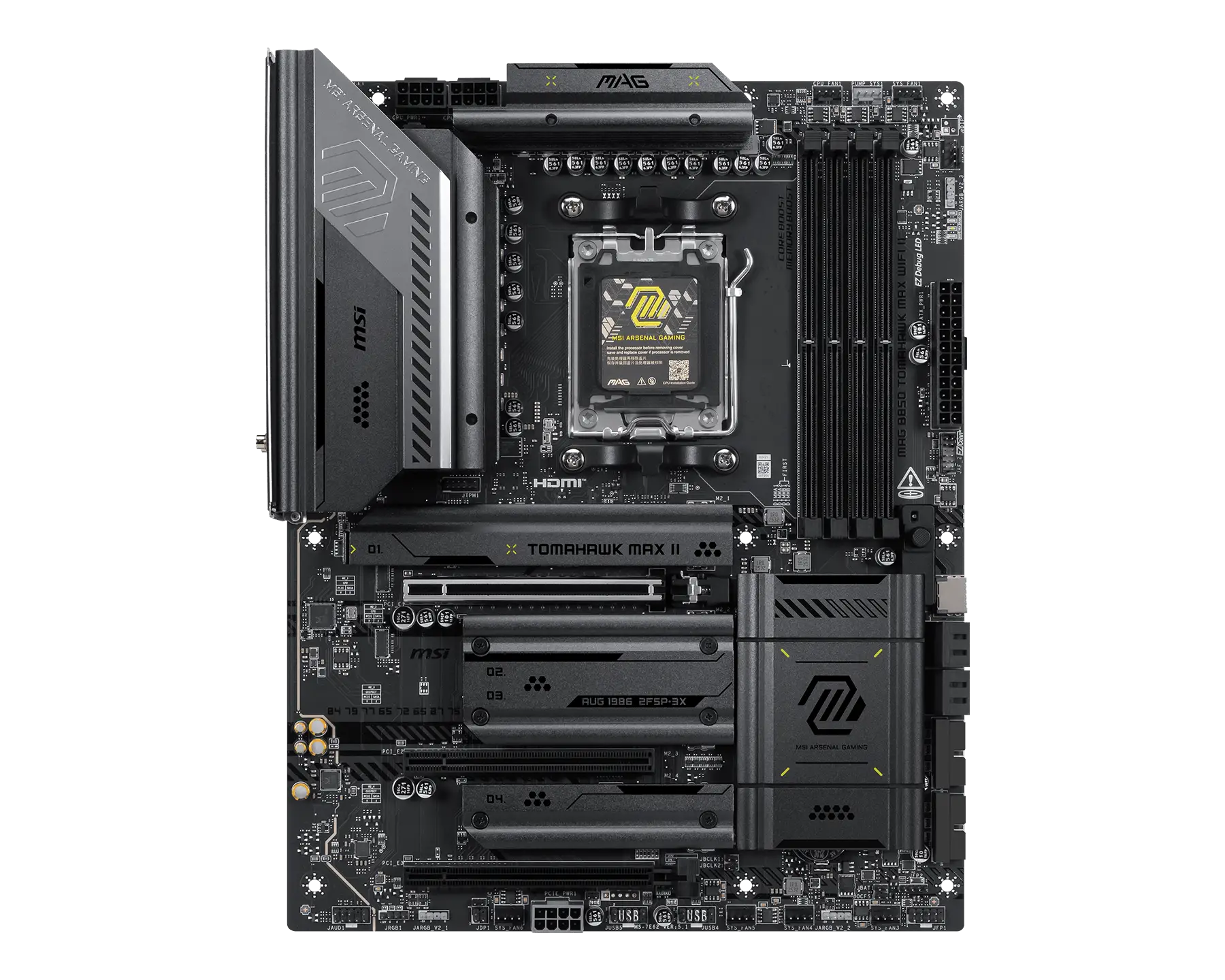 MSI MAG B850 TOMAHAWK MAX WIFI II - Processor family AMD - Processor socket AM5 - DDR5 - Supported hard disk drive interfaces SATA, M.2 - Number of SATA connectors 4