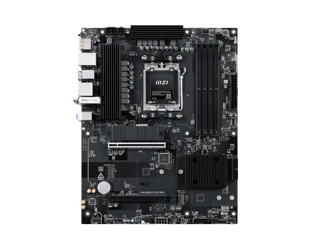 MSI PRO B850-S EVO WIFI - Processor family AMD - Processor socket AM5 - DDR5 - Supported hard disk drive interfaces SATA, M.2 - Number of SATA connectors 4