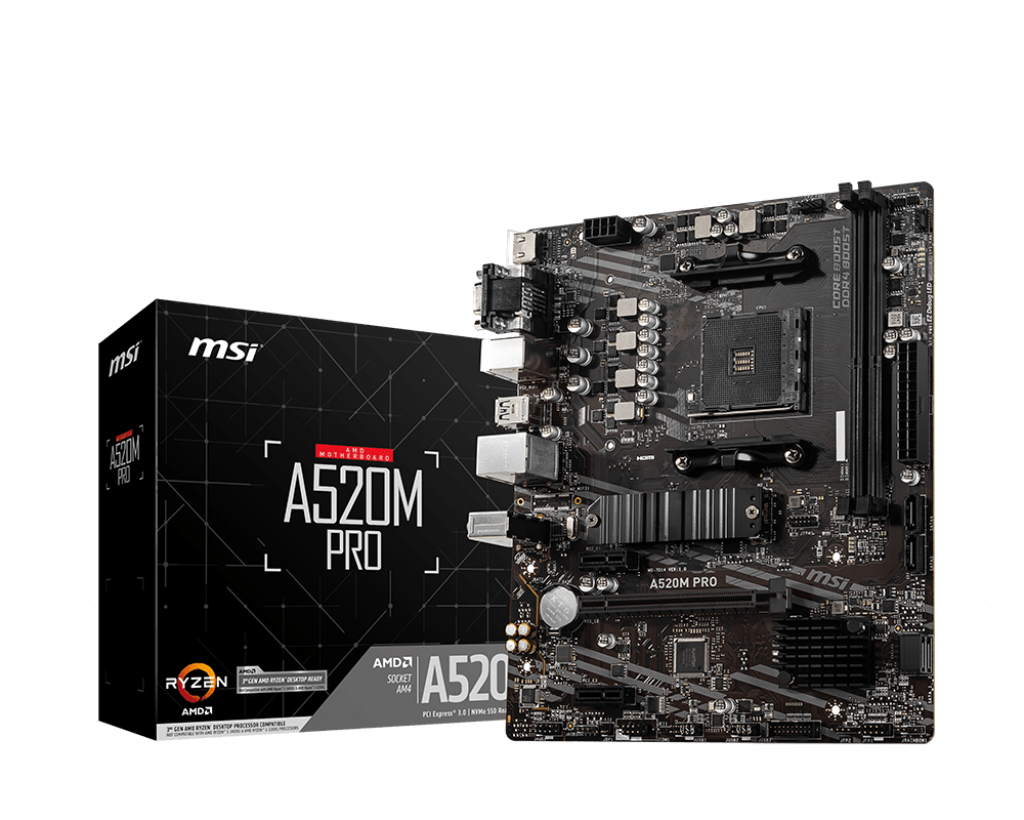 MSI - A520M PRO - Processor family AMD - Processor socket AM4 - DDR4 - Memory slots 2 - Chipset AMD A - Micro ATX