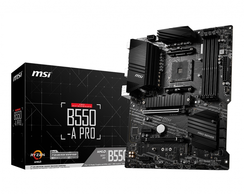 MSI - B550-A PRO - Processor family AMD - Processor socket AM4 - DDR4 DIMM - Memory slots 4 - Supported hard disk drive interfaces SATA, M.2 - Number of SATA connectors 6 - Chipset AMD B550 - ATX