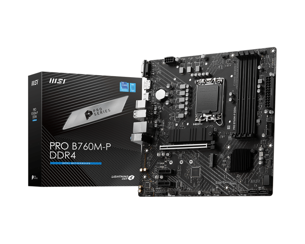 MSI - PRO B760M-P DDR4 - Processor family Intel - Processor socket  LGA1700 - DDR4 DIMM - Memory slots 4 - Supported hard disk drive interfaces 	SATA, M.2 - Number of SATA connectors 4 - Chipset Intel B760 - mATX