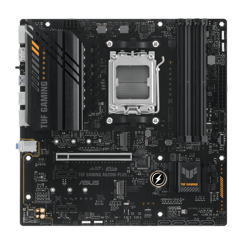 Asus - TUF GAMING A620M-PLUS - Processor family AMD - Processor socket AM5 - DDR5 DIMM - Memory slots 4 - Supported hard disk drive interfaces 	SATA, M.2 - Number of SATA connectors 4 - Chipset  AMD A620 - Micro-ATX