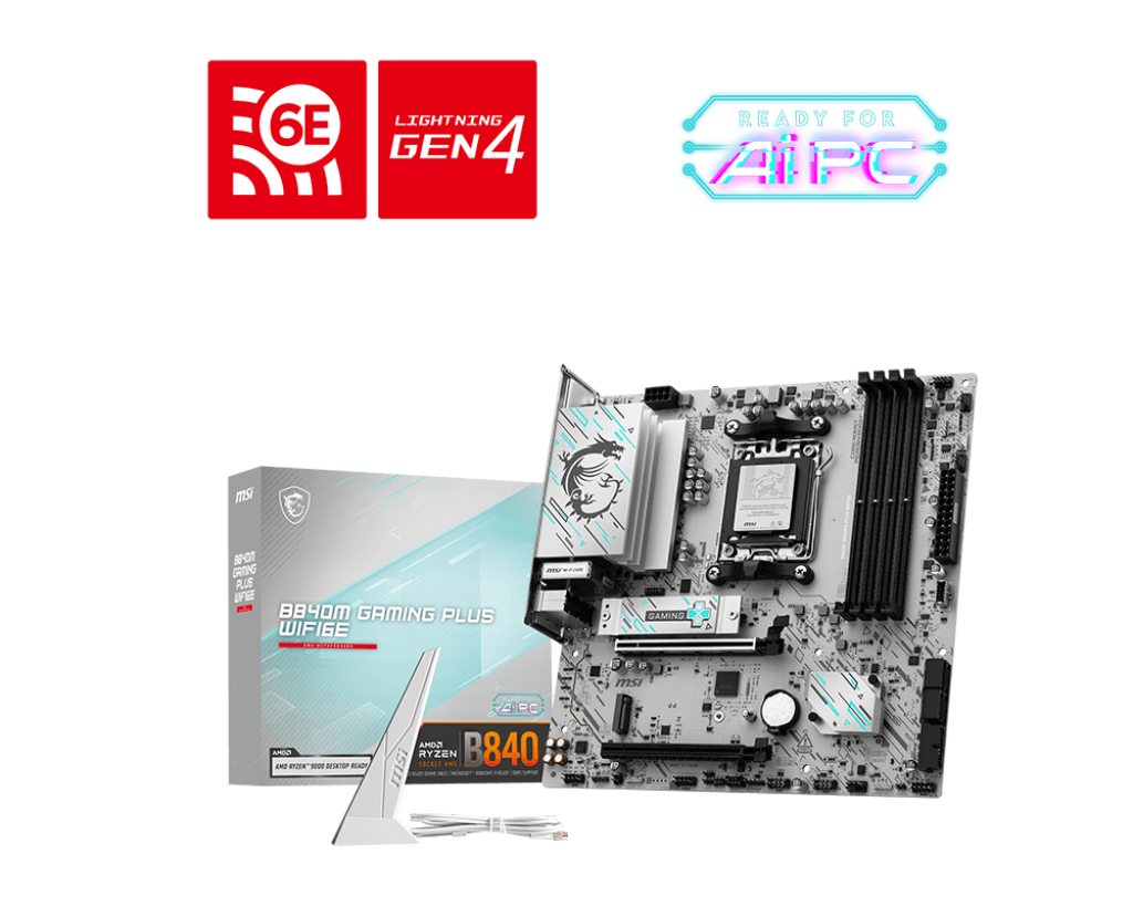 MSI B840M GAMING PLUS WIFI6E - Processor family AMD - Processor socket AM5 - DDR5 - Supported hard disk drive interfaces SATA, M.2 - Number of SATA connectors 4