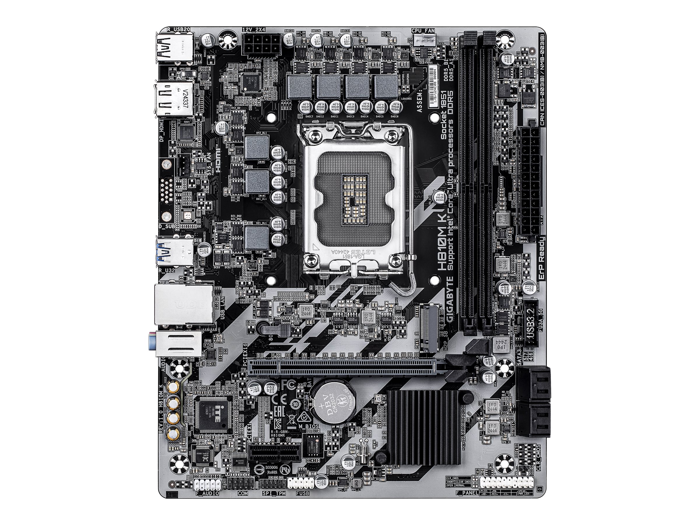 Gigabyte H810M K - Processor family Intel - Processor socket LGA1851 - DDR5 - Supported hard disk drive interfaces M.2, SATA - Number of SATA connectors 4