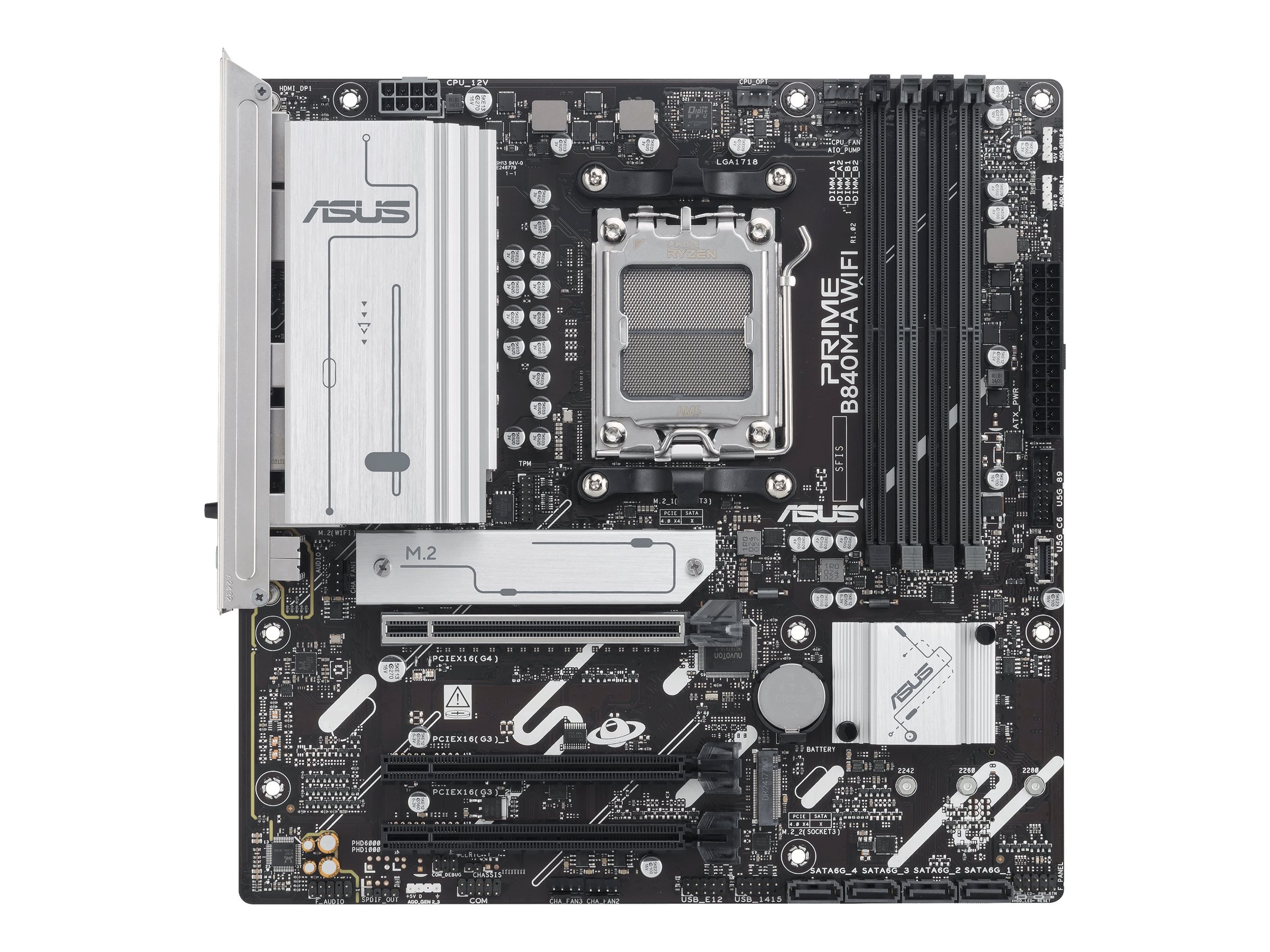 Asus PRIME B840M-A WIFI - Processor family AMD - Processor socket AM5 - DDR5 SDRAM - Supported hard disk drive interfaces SATA, M.2 - Number of SATA connectors 4