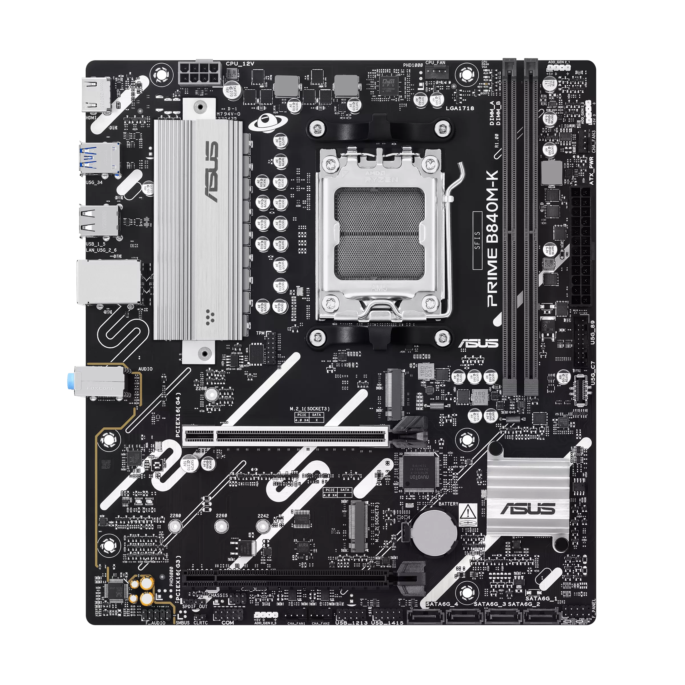 Asus PRIME B840M-K - Processor family AMD - Processor socket AM5 - DDR5 - Supported hard disk drive interfaces SATA, M.2 - Number of SATA connectors 2