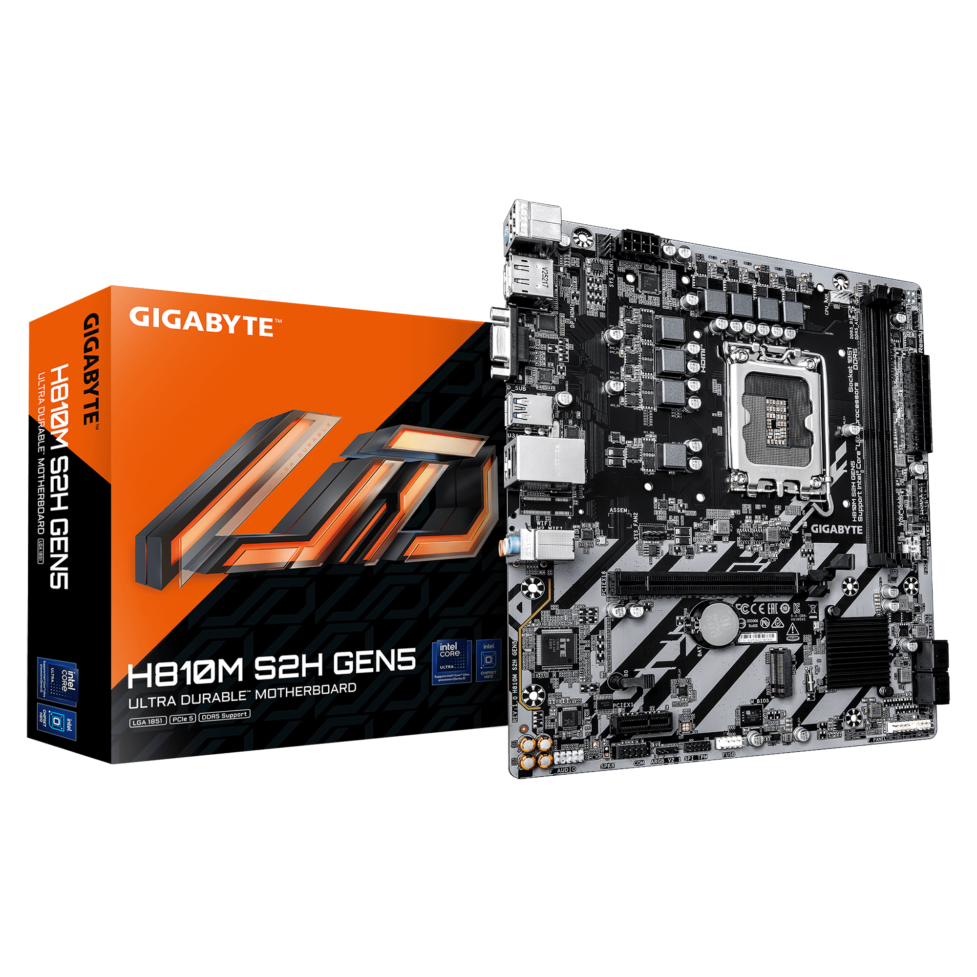 Gigabyte H810M S2H GEN5 - Processor family Intel - Processor socket LGA1851 - DDR5 - Supported hard disk drive interfaces SATA, M.2 - Number of SATA connectors 4