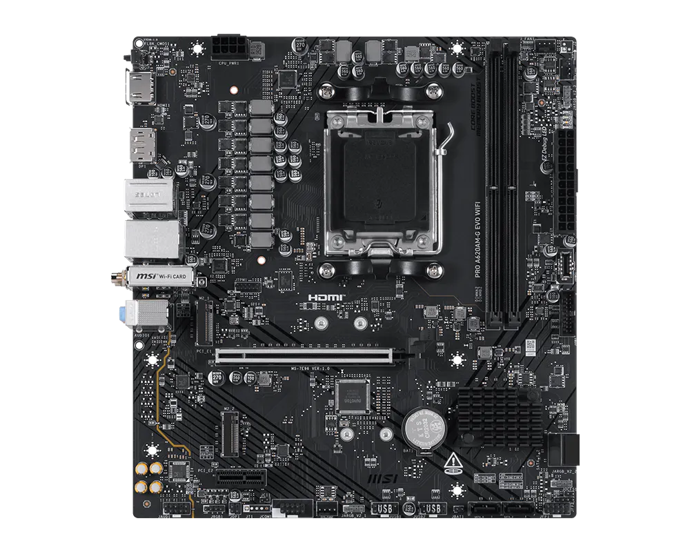 MSI PRO A620AM-G EVO WIFI - Processor family AMD - Processor socket AM5 - DDR5 - Number of SATA connectors 4 - Supported hard disk drive interfaces SATA, M.2