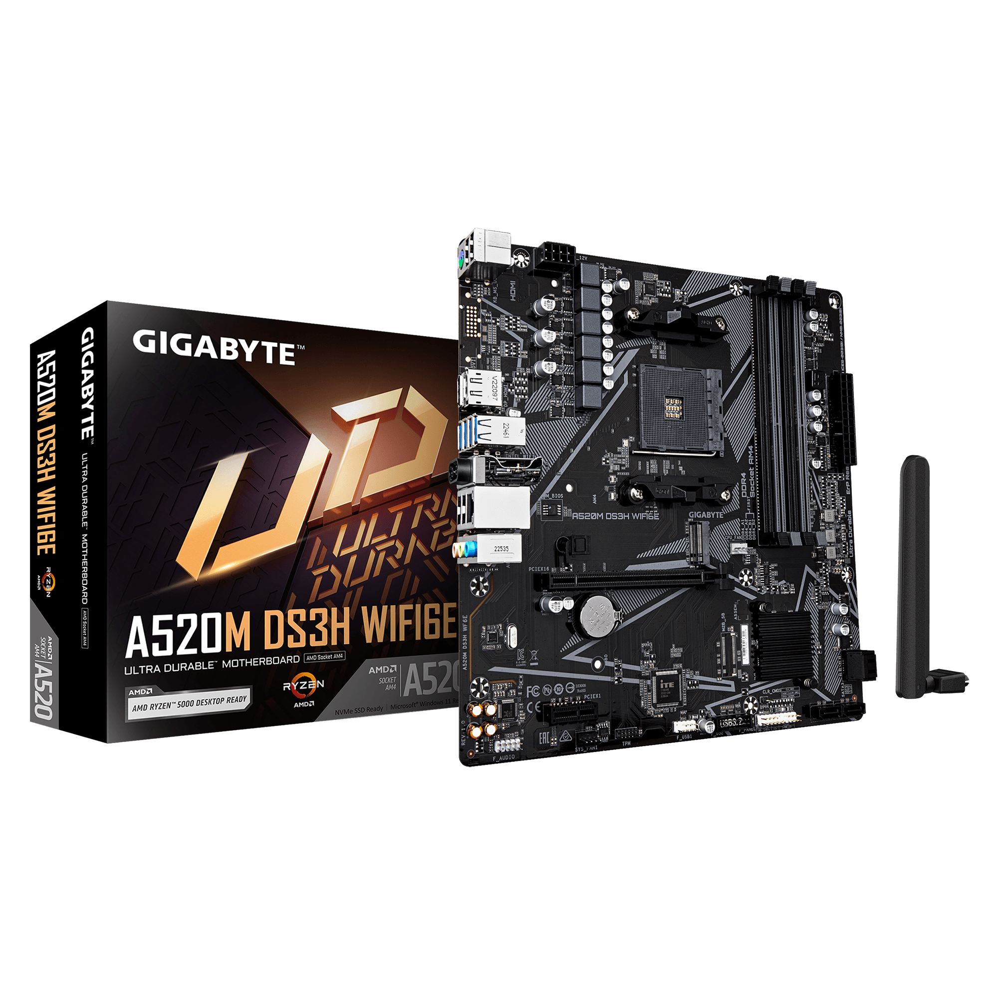 Gigabyte A520M DS3H WIFI6E - Processor family AMD - Processor socket AM4 - DDR4 - Supported hard disk drive interfaces SATA, M.2 - Number of SATA connectors 4