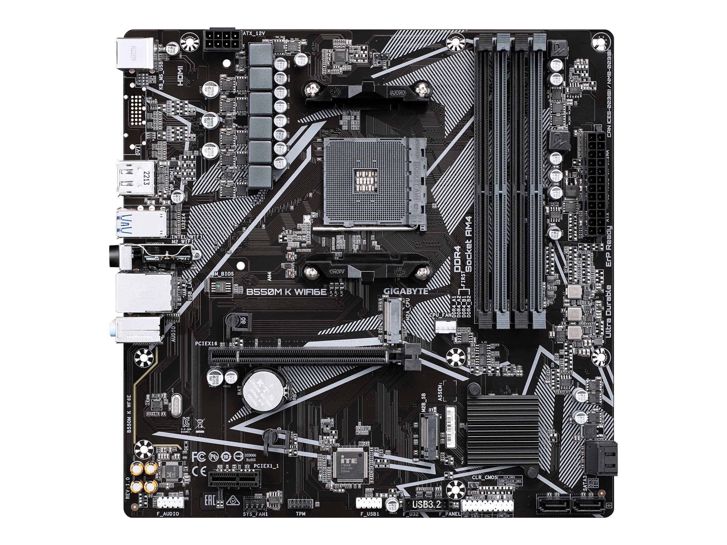 Gigabyte B550M K WIFI6E - Processor family AMD - Processor socket AM4 - DDR4 SDRAM - Supported hard disk drive interfaces SATA, M.2 - Number of SATA connectors 4