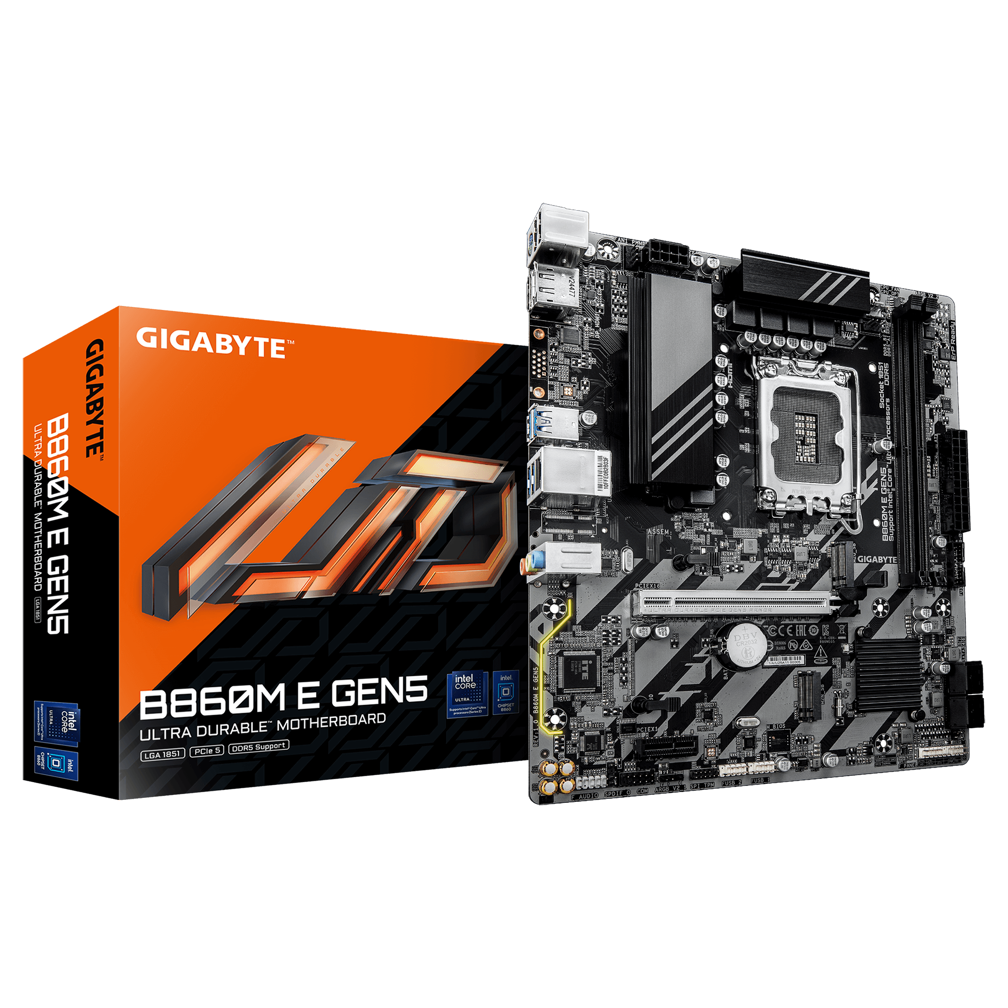 Gigabyte B860M E GEN5 - Processor family Intel - Processor socket LGA1851 - DDR5 - Number of SATA connectors 4 - Supported hard disk drive interfaces SATA, M.2