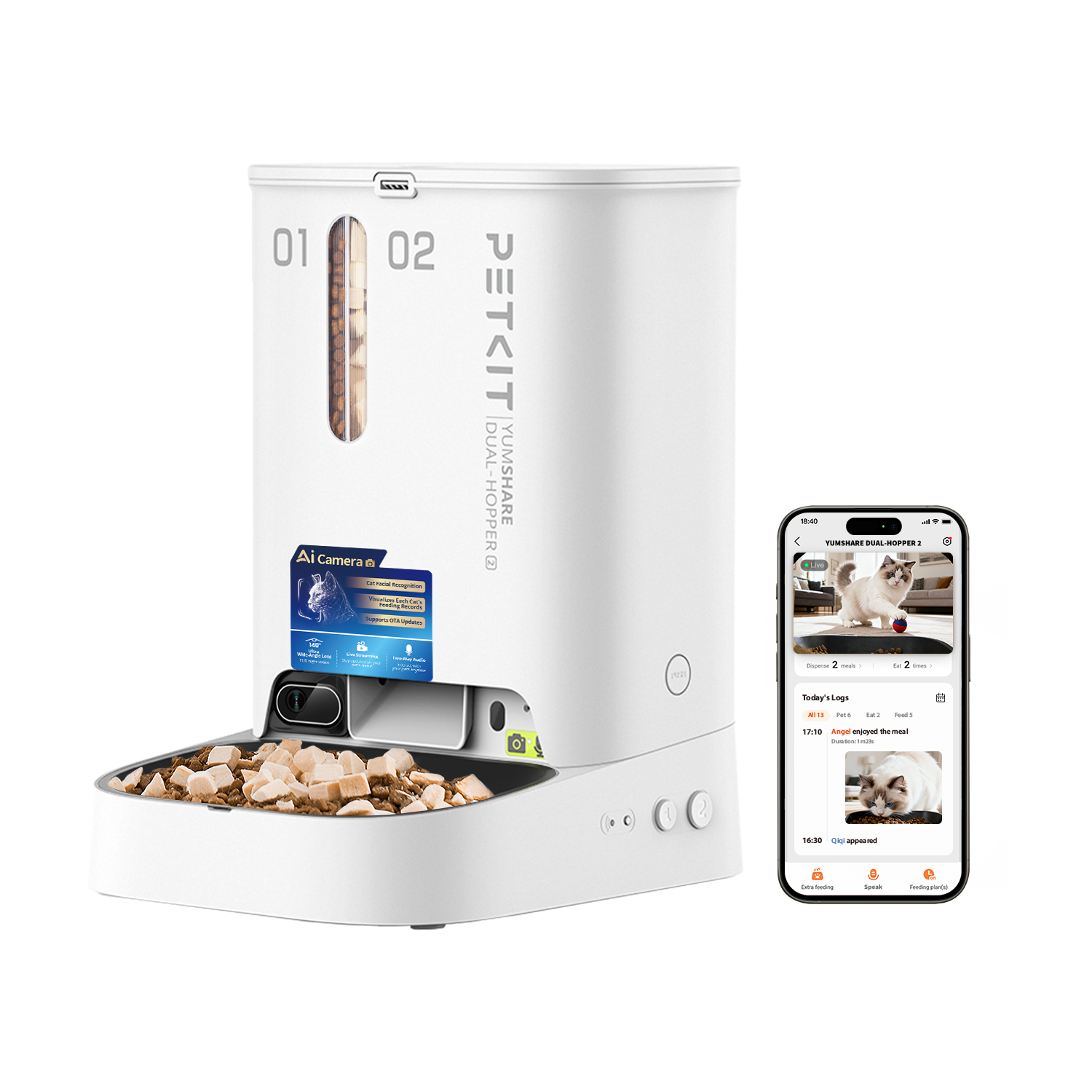 PETKIT YumShare Dual-hopper 2 Automatic Feeder with Camera - Capacity 5 L - Material ABS, 304 stainless steel - White