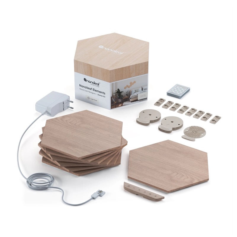 Nanoleaf - Elements Wood Look Hexagons Starter Kit (7 panels) - Cool White + Warm White
