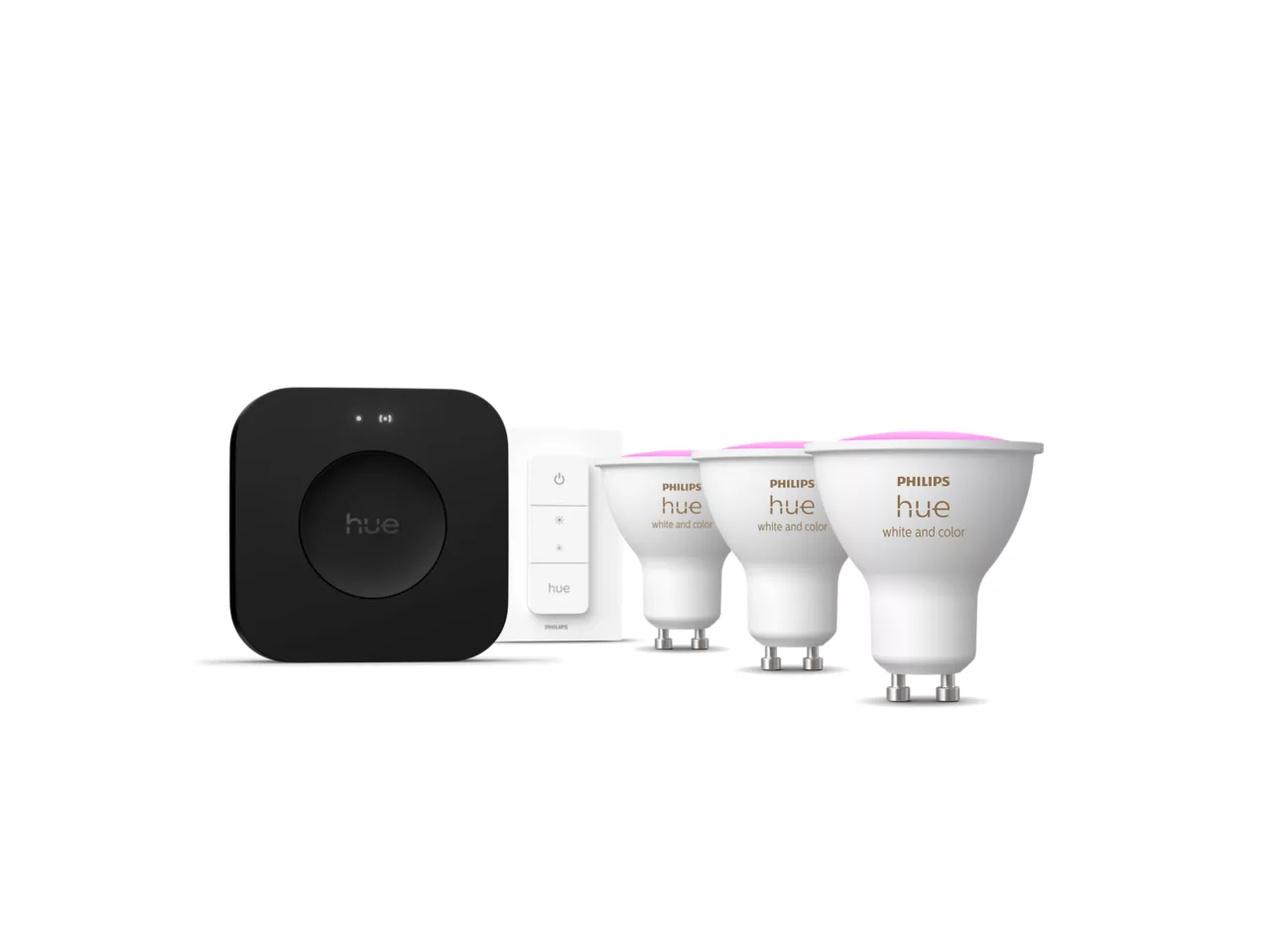 Philips Hue Starter set: 3 GU10 bulbs, dimmer switch, Hue Bridge Pro - GU10 - Zigbee, Wi-Fi, Bluetooth