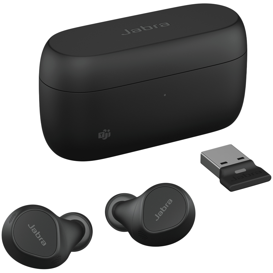 JABRA EVOLVE2 Buds UC, Cradle USB-C UC, Link 380 BT adapter USB-C UC, 30  cm USB-C to USB-A cable, Ear gels, USB-A to USB-C adapter, wireless charging pad, warranty