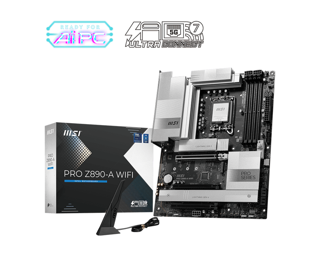 MSI PRO Z890-A WIFI - Processor family Intel - Processor socket LGA1851 - DDR5 UDIMM - Supported hard disk drive interfaces SATA, M.2 - Number of SATA connectors 4