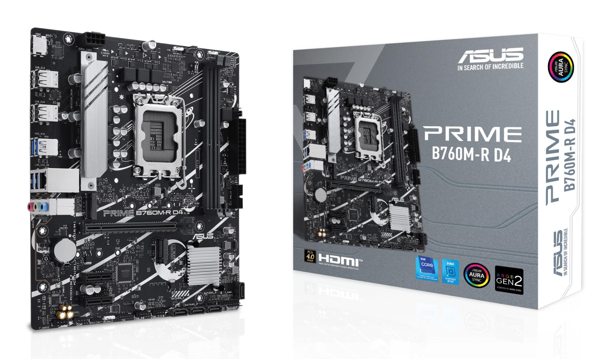 Mainboard|ASUS|Intel B760 Express|LGA1700|Micro-ATX|Memory DDR4|Memory slots 2|2xPCI-Express 4.0 1x|1xPCI-Express 4.0 16x|2xM.2|1x15pin D-sub|1xHDMI|4xUSB 2.0|4xUSB 3.2|1xOptical S/PDIF|3xAudio port|PRIMEB760M-RD4