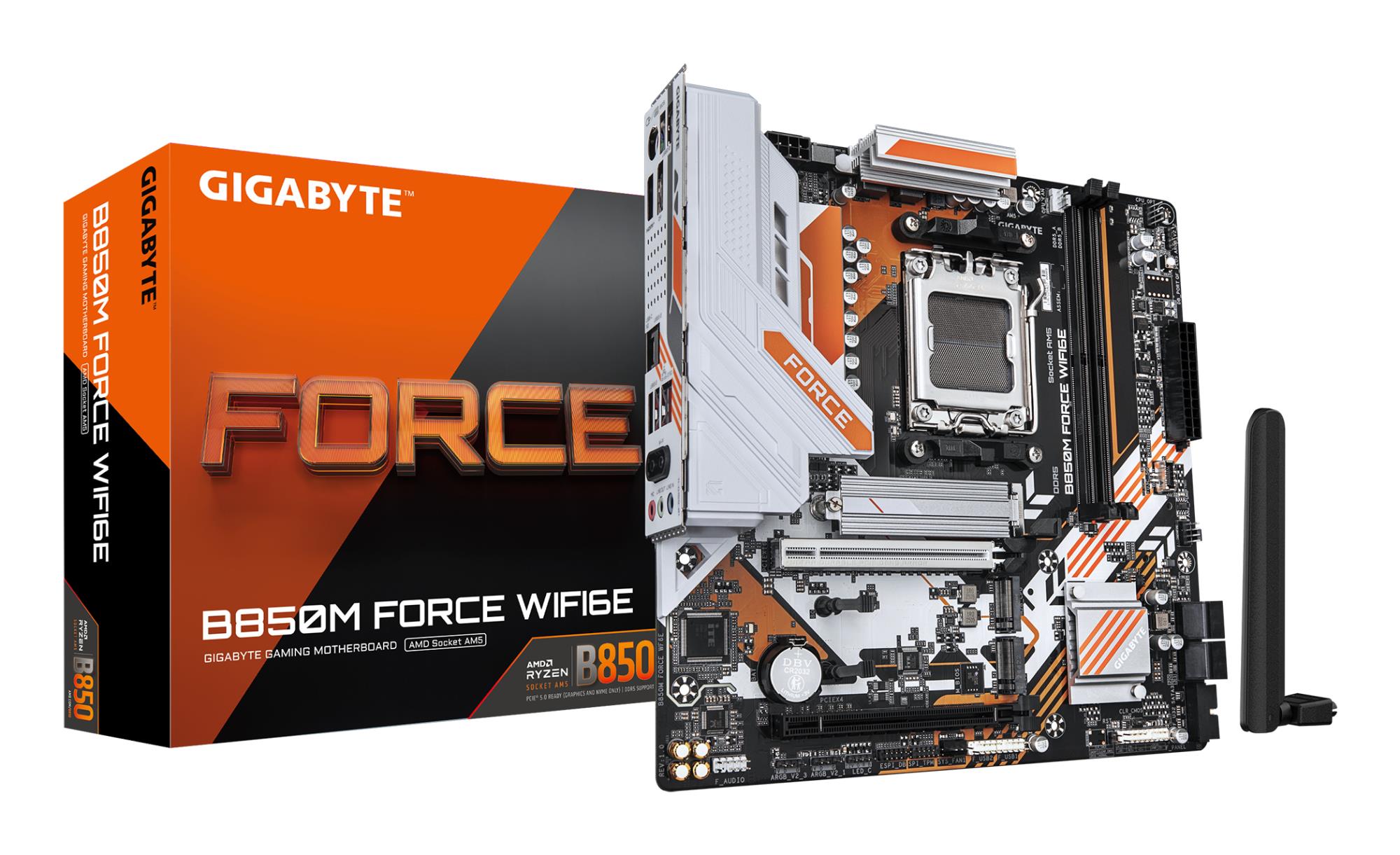 Mainboard|GIGABYTE|AMD B850|Socket AM5|micro ATX|RAM DDR5-SDRAM|2xSlots|Wi-Fi Yes|Bluetooth Yes|3xNumber of M.2 (M) slots|B850M FORCE WIFI6E (Rev. 1.2)|B850MFORCEWF6E1.2