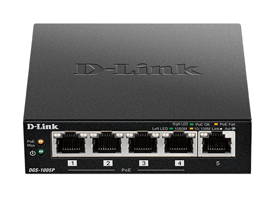 D-Link - Switch - DGS-1005P - Unmanaged - Desktop - Gigabit Ethernet (copper) ports quantity 5 - Power over Ethernet (PoE) ports quantity 4 - Power supply type External