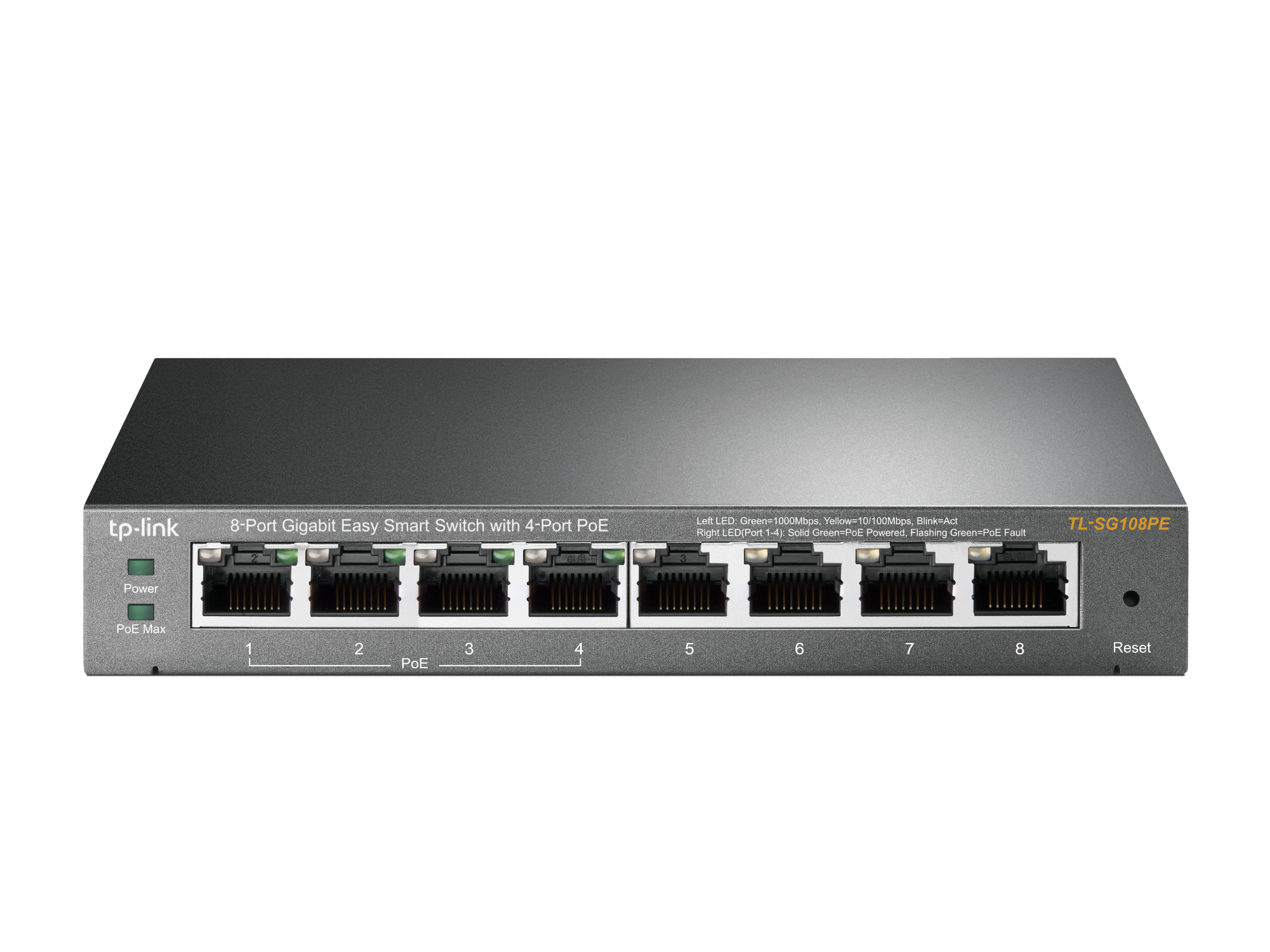 TP-LINK - Smart Switch - TL-SG108PE - Web Managed - Desktop - Gigabit Ethernet (copper) ports quantity 4 - PoE+ ports quantity 4 - Power supply type External - 36 month(s)