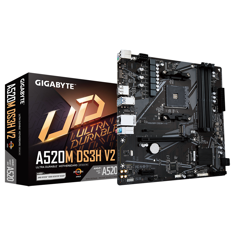 Gigabyte - A520M DS3H V2 - Processor family AMD - Processor socket AM4 - DDR4 DIMM - Memory slots 2 - Supported hard disk drive interfaces 	SATA, M.2 - Number of SATA connectors 4 - Chipset AMD A520 - Micro ATX