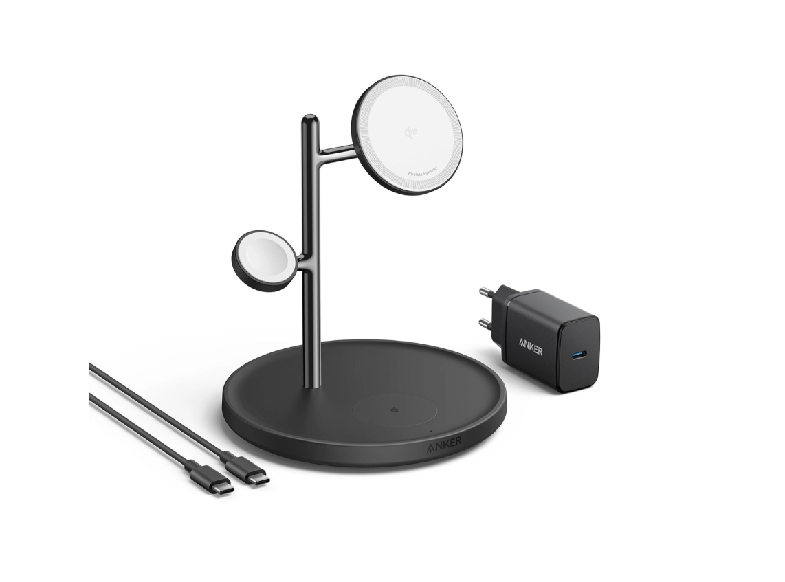 Anker MagGo Wireless Charging Station (15W, 3-in-1 Stand) with cable and charger bundle - B25M3312