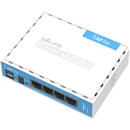 MikroTik - hAP Lite Classic - RB941-2nD - 802.11n - 10/100 Mbit/s - Ethernet LAN (RJ-45) ports 4 - Mesh Support No - MU-MiMO No - No mobile broadband - Antenna type Internal - 1xUSB - 12 month(s)