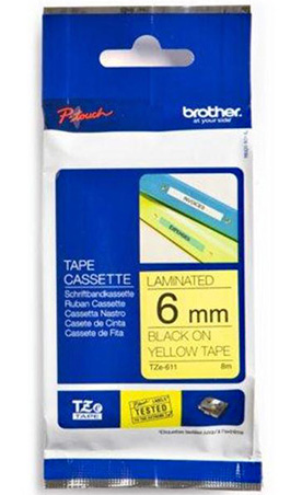 Brother - TZe-611 Laminated Tape - Black on Yellow - TZe - 8 m - 6 cm