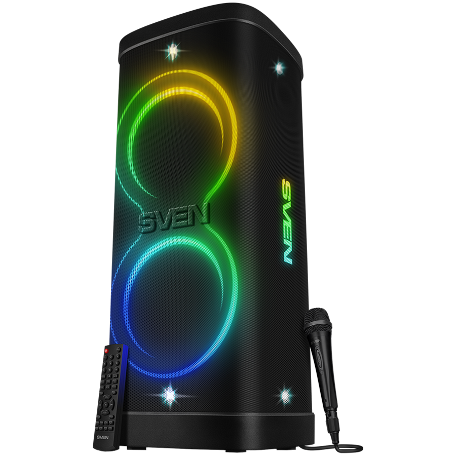 Speaker Party Box SVEN PS-1250, black (300W, TWS, IPx4, Bluetooth, FM, USB, microSD, LED-display, 13500mAh)