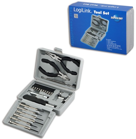 Logilink - Tool Set, 25pcs - Incl. transport boxThe set includes6x micro screwdrivers1x micro cutter1x mini telephone plier1x bit screwdriver with extension10x bits (PH1, PH2, PZ1, PZ2, PZ5, PZ6, T10, T15, T20, adaptor)4x socket wrench (5mm, 6mm, 8mm, 10m