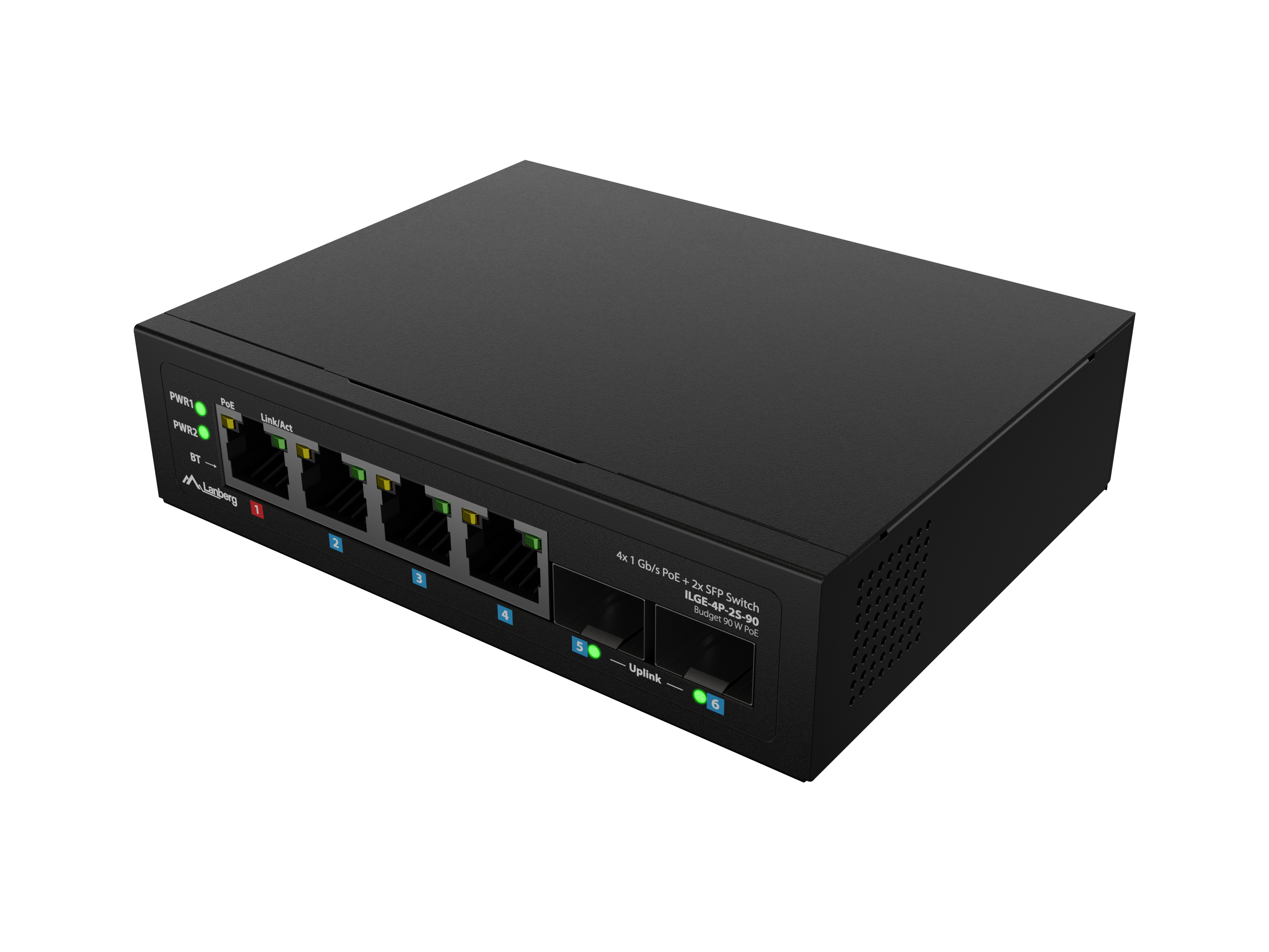 Lanberg - Switch Light IndustrialPoE 1xBT 3xAT 2xSFP Din Unmanagment Gigabit Ethernet - ILGE-4P-2S-90 - Unmanaged - Din rail