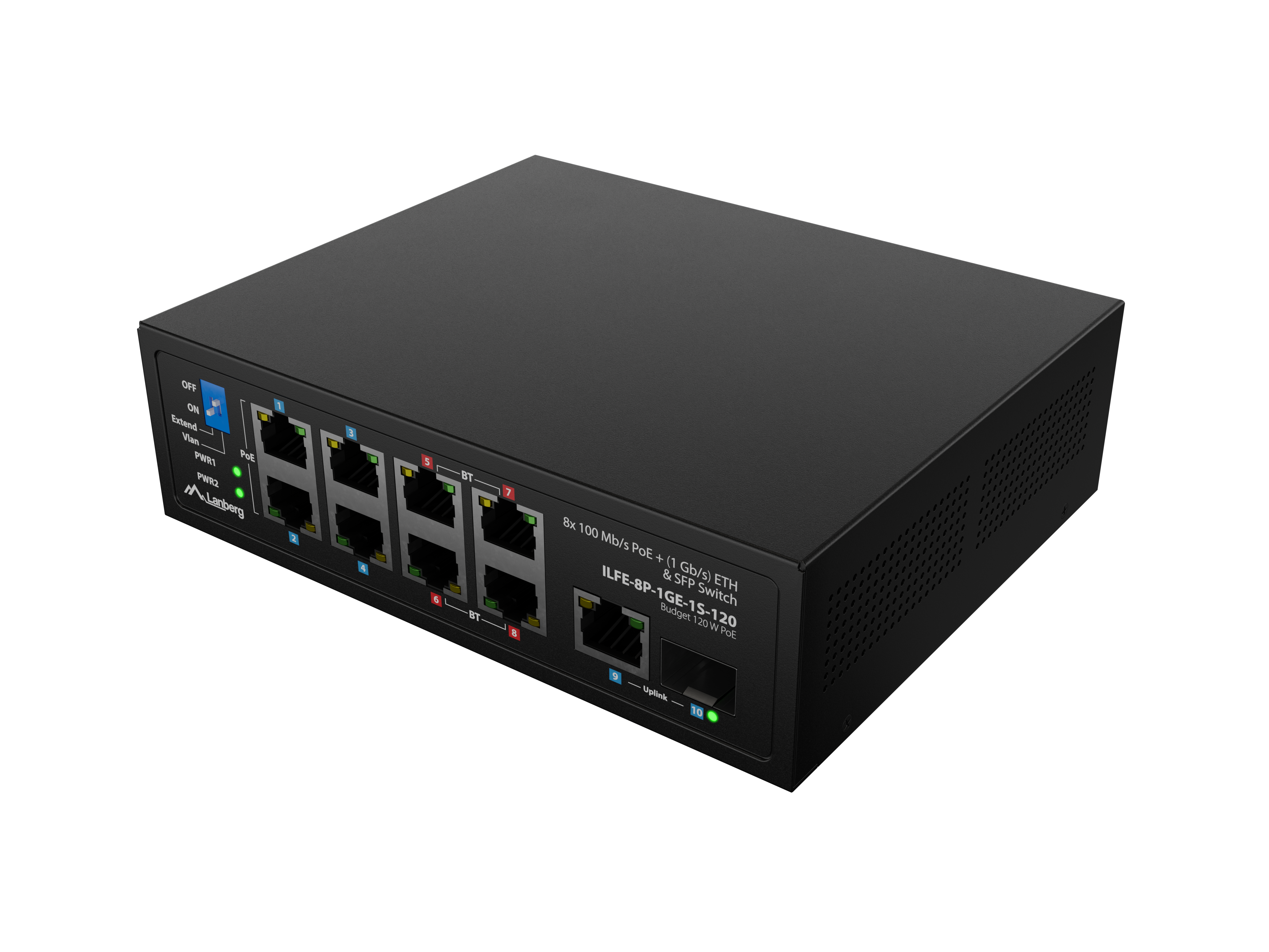 Lanberg - Switch PoE 4xBT 4xAT SFP/ETH Din Unmanagment Fast Ethernet - ILFE-8P-1GE-1S-120 - Unmanaged - Din rail, Rack